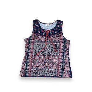 Dept 222 Paisley Boho Tank Top Medium Blue Red Sleeveless Tie Neck